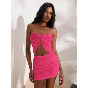 Opulessa 2pcs/Set Women Vacation Front Twist Bandeau Top And Fitted Mini Skirt,